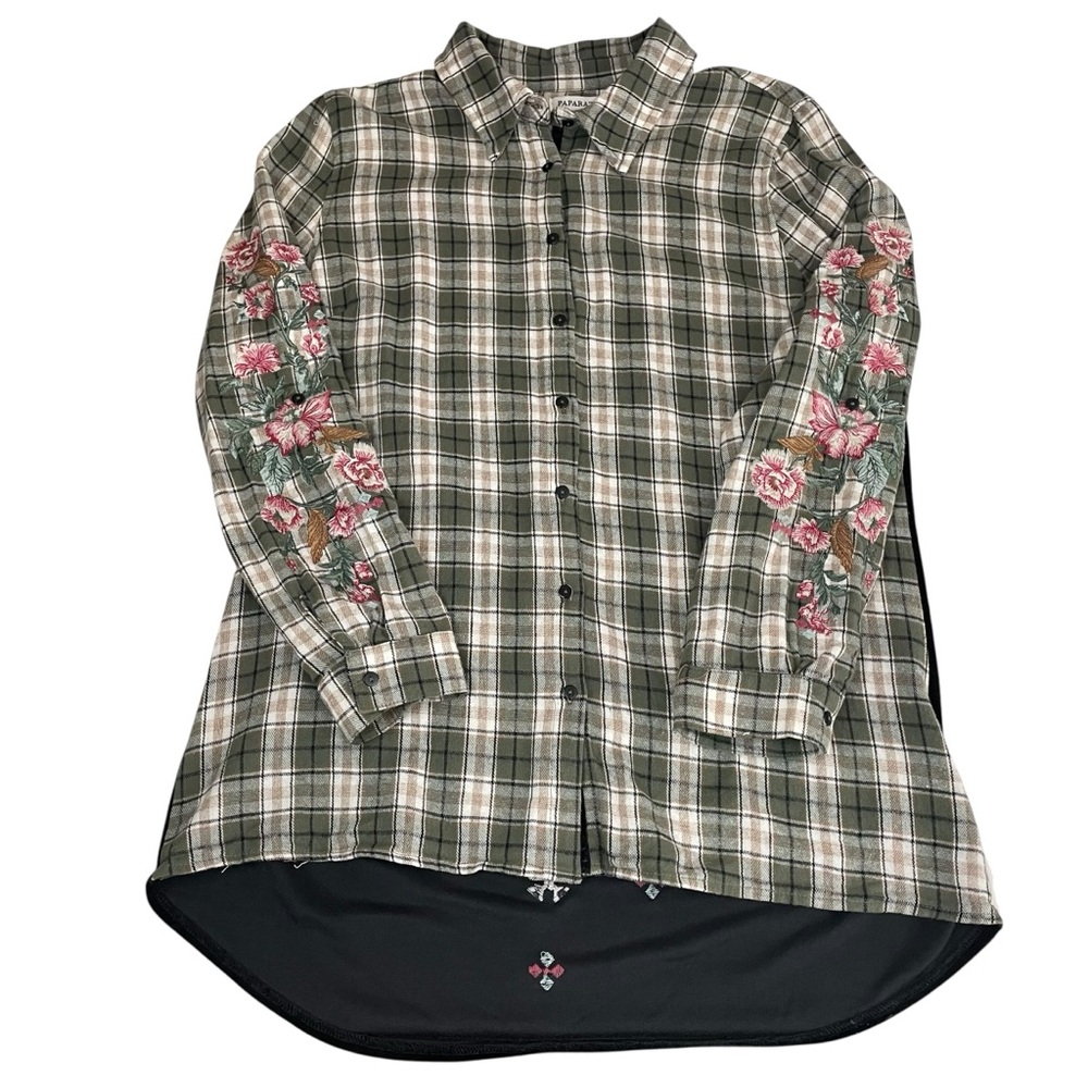 Paparazzi‎ Velvet Floral Embroidered Back Plaid Flannel Western Boho Shirt Large - Picture 11 of 12